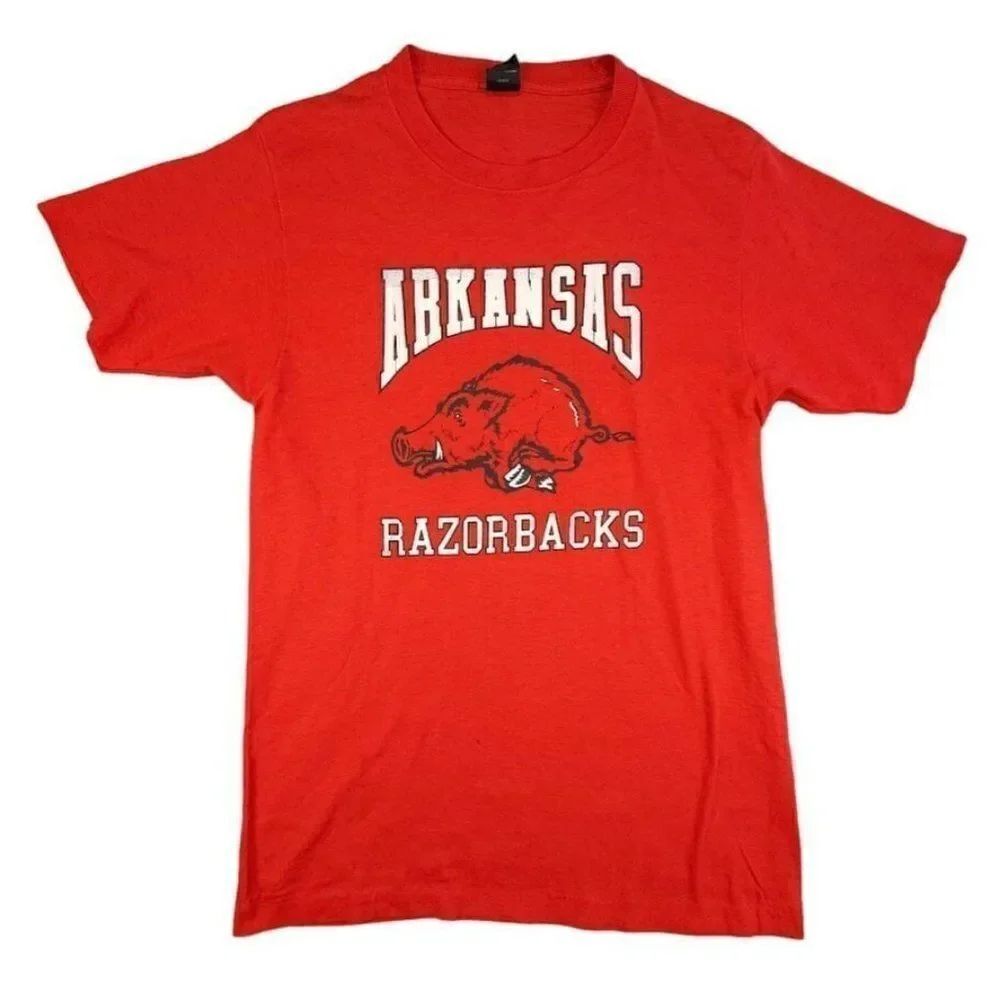 Vintage Arkansas Razorbacks T Shirt Mens Size Small Red 80s NCAA University